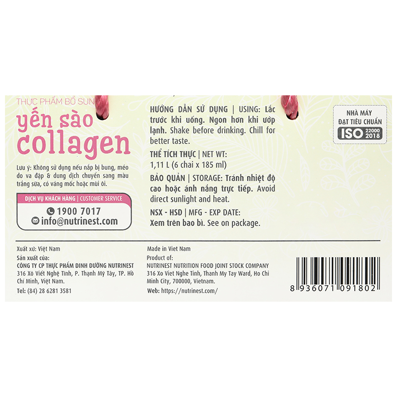 Nước yến Collagen Green Bird Nutrinest lốc 6 chai x 185ml - 12
